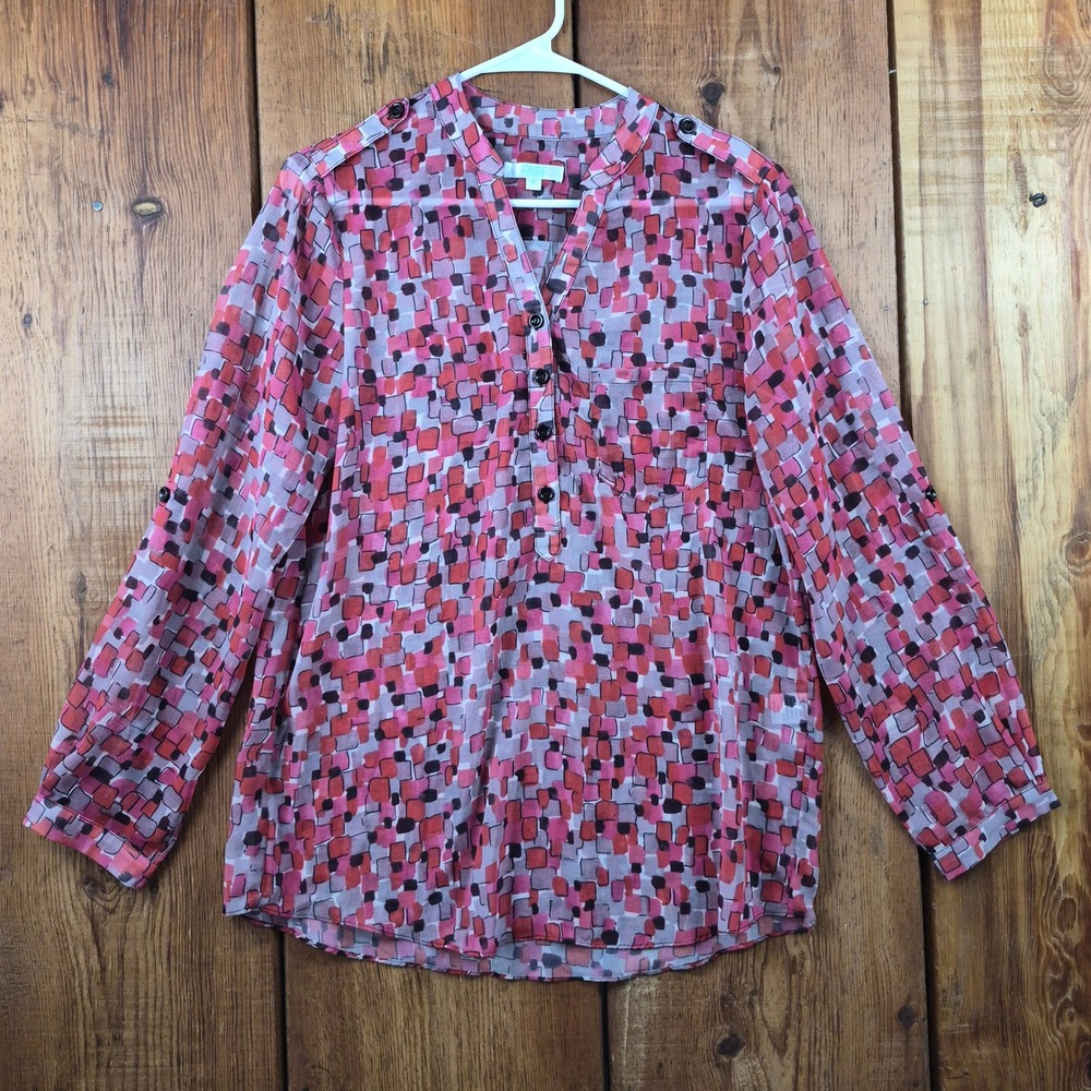 Jade Melody Tam Pink Orange Geometric Sheer Button Tab Sleeve Blouse Medium
